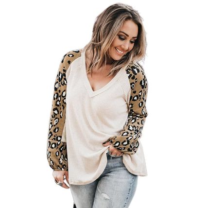 Beige Printed Plus Size Waffle Knit Contrast Leopard Long Sleeve Top