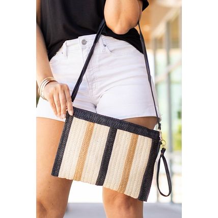 Black Contrast Striped Straw Woven Shoulder Bag