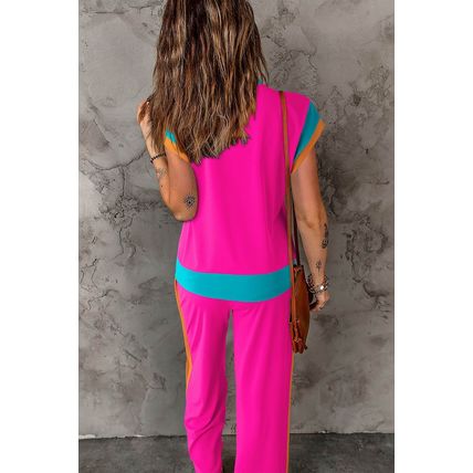Strawberry Pink Color Block Detail Casual Two-piece Set