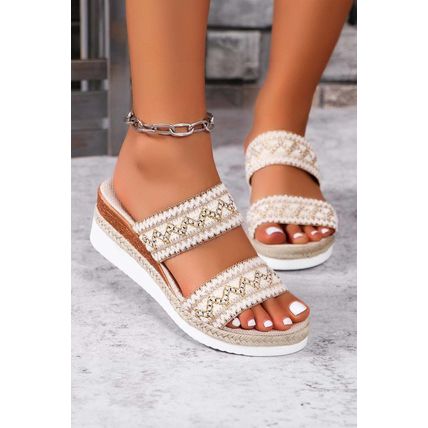 Beige Crochet Dual Band Wedge Slippers