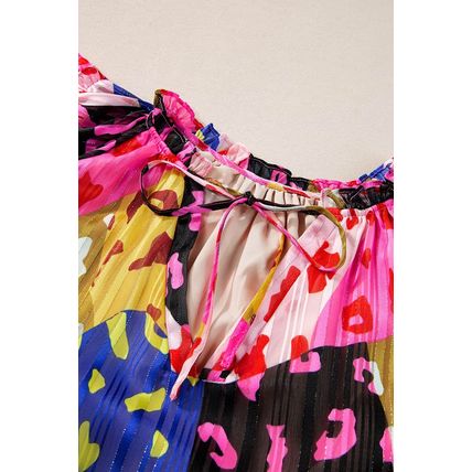 Rose Leopard Flutter Sleeve V Neck Crinkled Blouse
