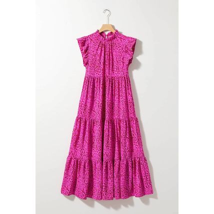Rose Red Leopard Print Ruffled Trim Tiered Maxi Dress