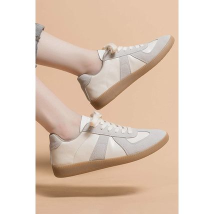 Beige PU Leather Suede Patched Lace-up Flat Shoes