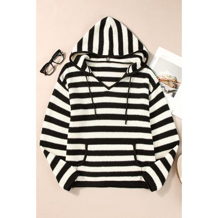 White Stripe V Neck Pocketed Drawstring Hooded Sweater