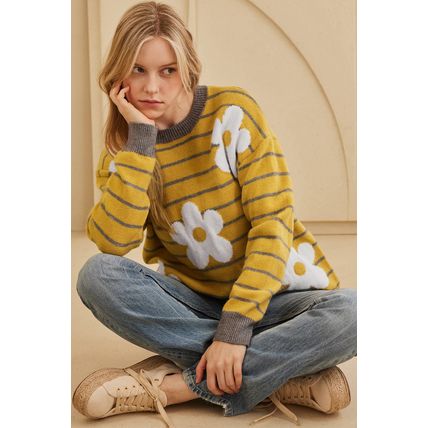 Yellow Stripe Daisy Floral Knitted Round Neck Sweater
