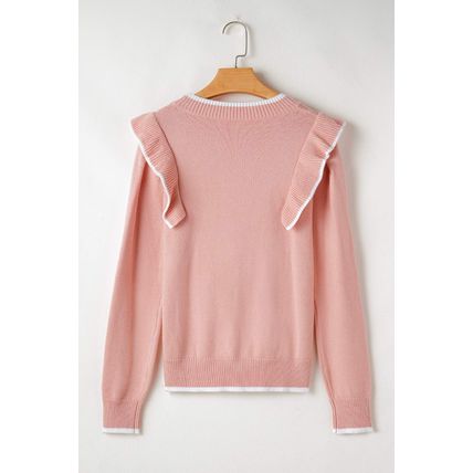 Light Pink Ruffled Bowknot Ribbed Trim Long Sleeve Sweater