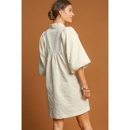 White Floral Textured Bubble Sleeve Frilled Notched Neck Dress