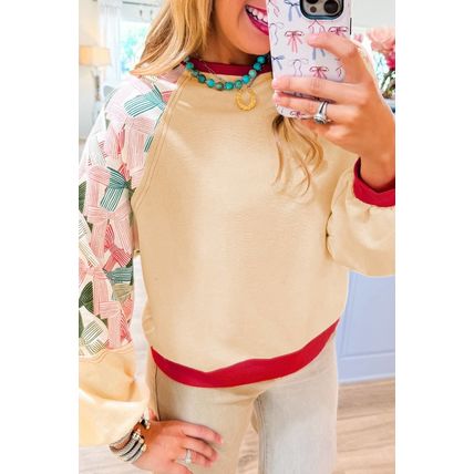 Beige Bowknot Printed Patchwork Raglan Sleeve Colorblock Edge Top