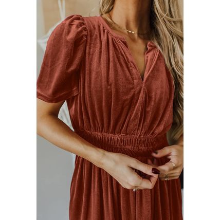 Chestnut Velvet Short Sleeve Shirred Waist Tiered Maxi Dress