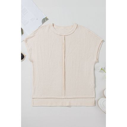 Pale Khaki Solid Color Textured Seamed Short Sleeve Top