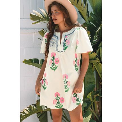 Apricot Floral Short Sleeve Split Neck Loose Mini Dress