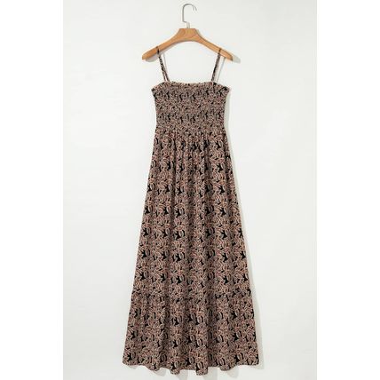 Brown Floral Smocked Bodice High Waist Flowy Sun Dress