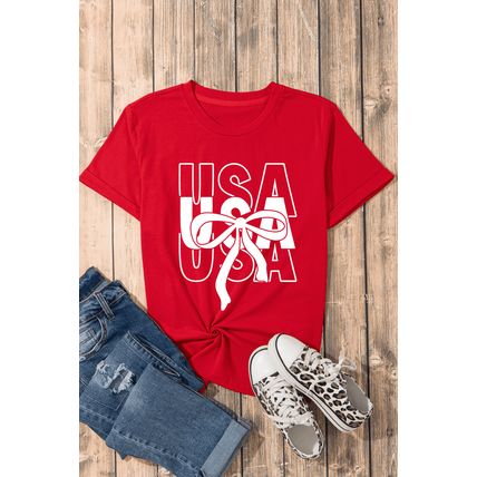 Red USA Bow Printed Casual Cotton Blend T Shirt