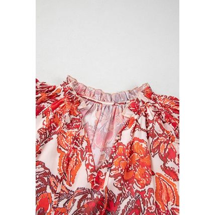 Red Vintage Floral Ruffle Sleeve V Neck Blouse
