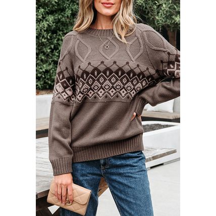 Light French Beige Western Geometric Patterned Crew Neck Knitted Sweater