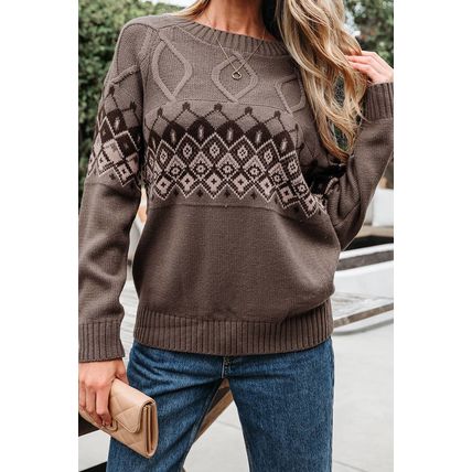 Light French Beige Western Geometric Patterned Crew Neck Knitted Sweater