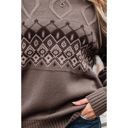 Light French Beige Western Geometric Patterned Crew Neck Knitted Sweater