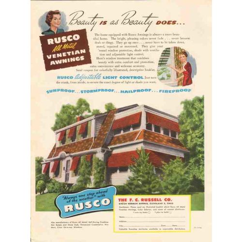 f c russell co 1947 beauty rusco all metal venetian awnings vintage ad