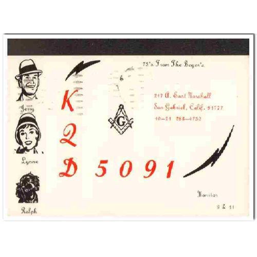 kqd-5091 jerry beyer san gabriel calif 1960s cb qsl vintage postcard1