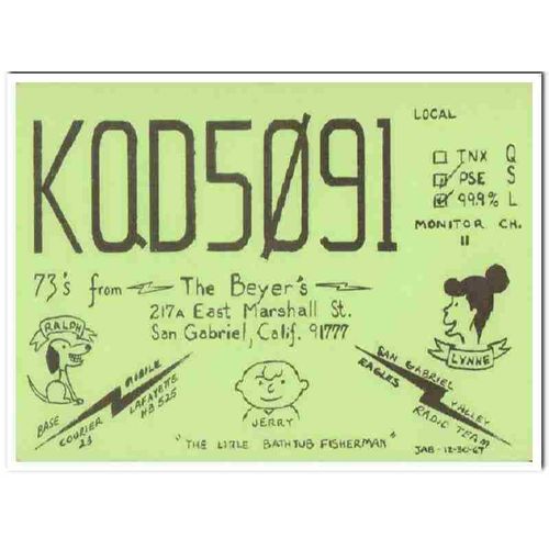 kqd-5091 jerry beyer san gabriel calif 1960s cb qsl vintage postcard2