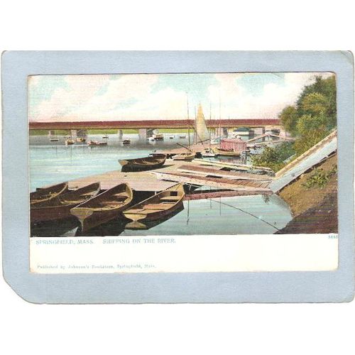 MA Springfield Covered Bridge Postcard Shipping On the river w/Long Covere~219