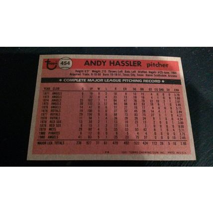 1981 Topps Card # 454 Andy Hassler Very Good-Excellent (4) California Angels