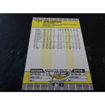 1989 Fleer Card # 005 Jose Canseco Excellent-Mint (6) Oakland Athletics