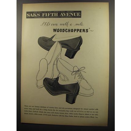 1953 Saks Fifth Avenue Woodchoppers Shoes Ad - S.F.A.s own walk-a-mile