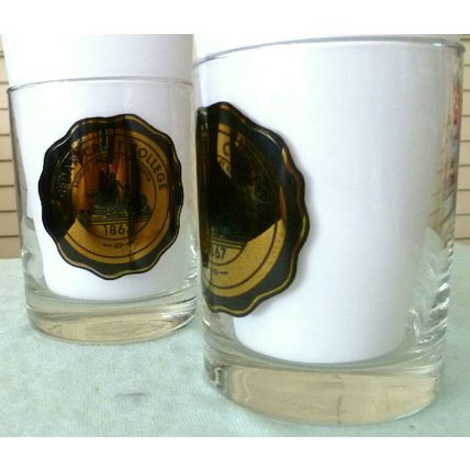 SET OF 2 CEDAR CREST COLLEGE PENNSYLVANIA GLASS WHISKEY TUMBLERS w OLD GOLD SEAL