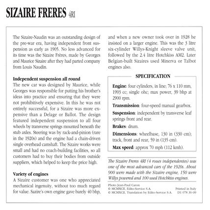 Collectors Club card. Classic Cars. Sizaire Freres 4RI