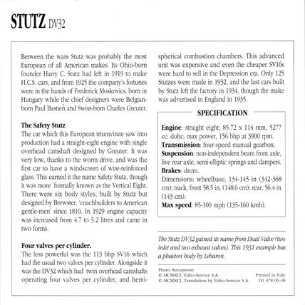 Collectors Club card. Classic Cars. Stutz DV32