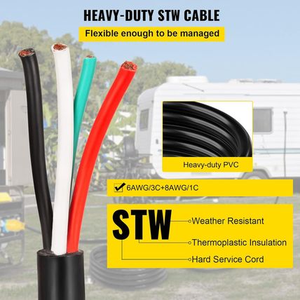 VEVOR 25 FT 50 Amp Generator Extension Cord 6 Gauge STW 6/3+8/1 RV Power Cord N1