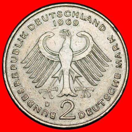 Ⰶ ADENAUER (1876-1967):GERMANY★2 MARKS 1969D I+A+r1 BAVARIA★LOW START★NO RESERVE