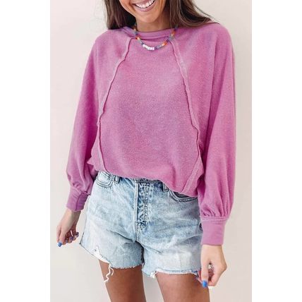 Pink Exposed Seam Round Neck Terry Pullover