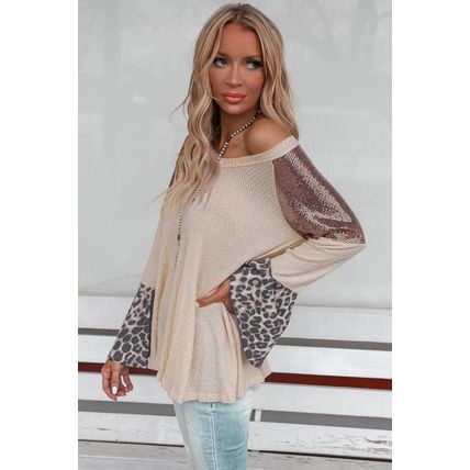 Leopard Sequin Patchwork Bell Sleeve V Neck Tunic Top