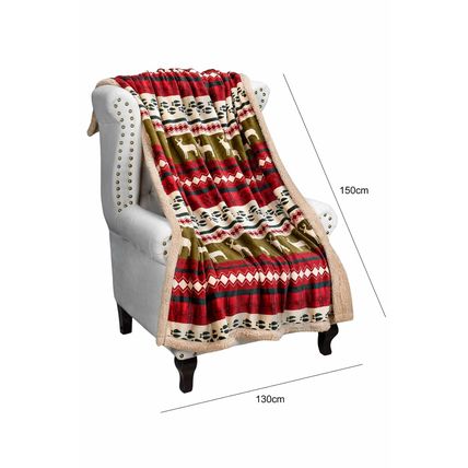 Dark Green Christmas Elk Print Reversible Sherpa Fleece Blanket 130*150cm