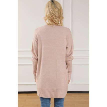 Smoke Gray Ribbed Trim Puff Sleeve Open Cardigan