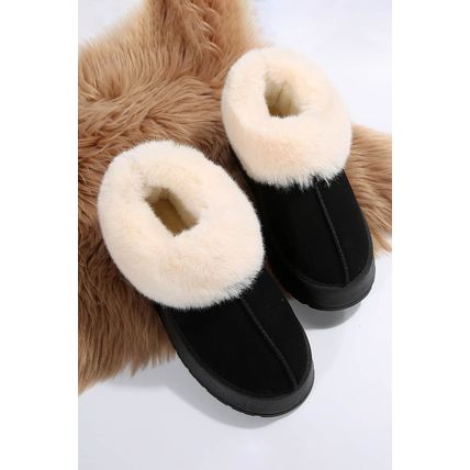 Black Plush Suede Trim Thick Sole Flat Snow Boots