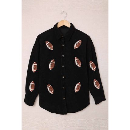 Black Sequin Rugby Pattern Buttoned Corduroy Shacket