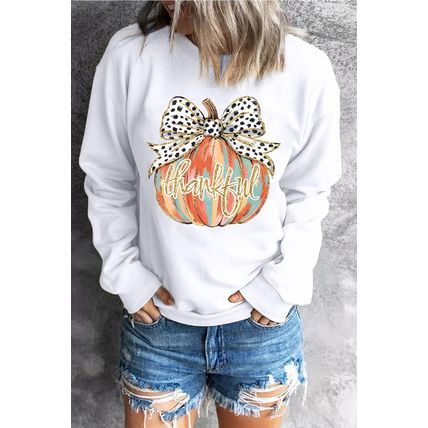 Beige Polka Dot Bow Knot Pumpkin Print Thanksgiving Sweatshirt