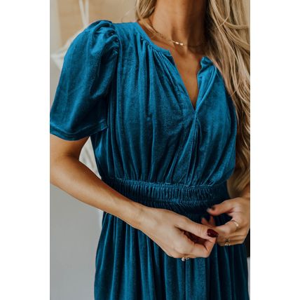 Prussian Blue Velvet Short Sleeve Shirred Waist Tiered Maxi Dress