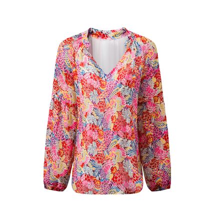 Fiery Red White Floral Print V Neck Long Puff Sleeve Top