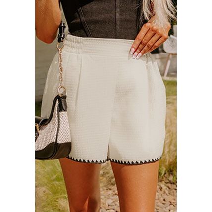 White Waffle Texture Contrast Ricrac Hemline Casual Shorts