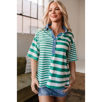 Green Stripe Colorblock Collar Half Buttons T Shirt