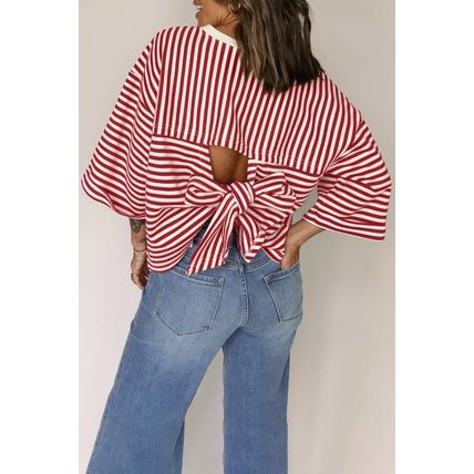 Red Stripe Bowknot Cutout Back Drop Shoulder Wide Bracelet Sleeve Loose Tee