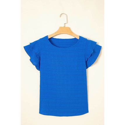 Dark Blue Textured Ruffled Sleeve Round Neck Top