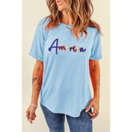 Light Blue Sequin America Graphic Crewneck Patriotic T Shirt