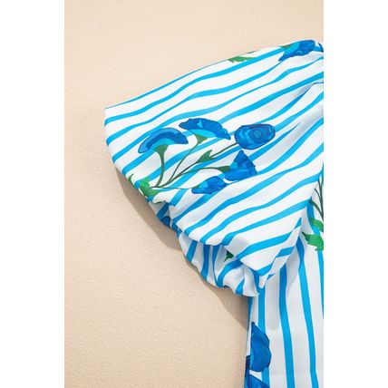 Sky Blue Stripe Floral Buttoned Frilly Notched Neck Puff Sleeve Summer Blouse