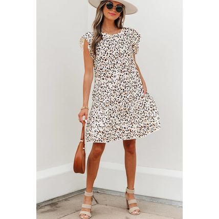 Khaki Leopard Ruffled Flutter Sleeve Keyhole Back Mini Dress