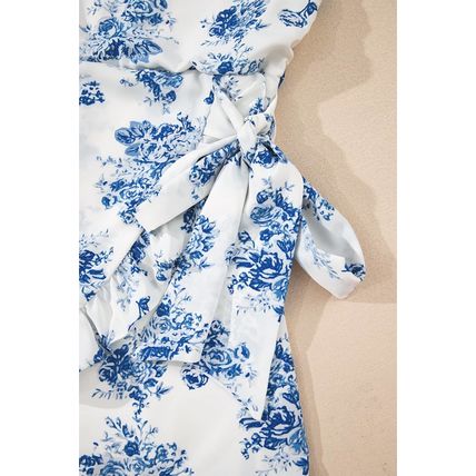 Sky Blue Floral Print Strapless Zipped Back Knot Waist Ruffled Romper